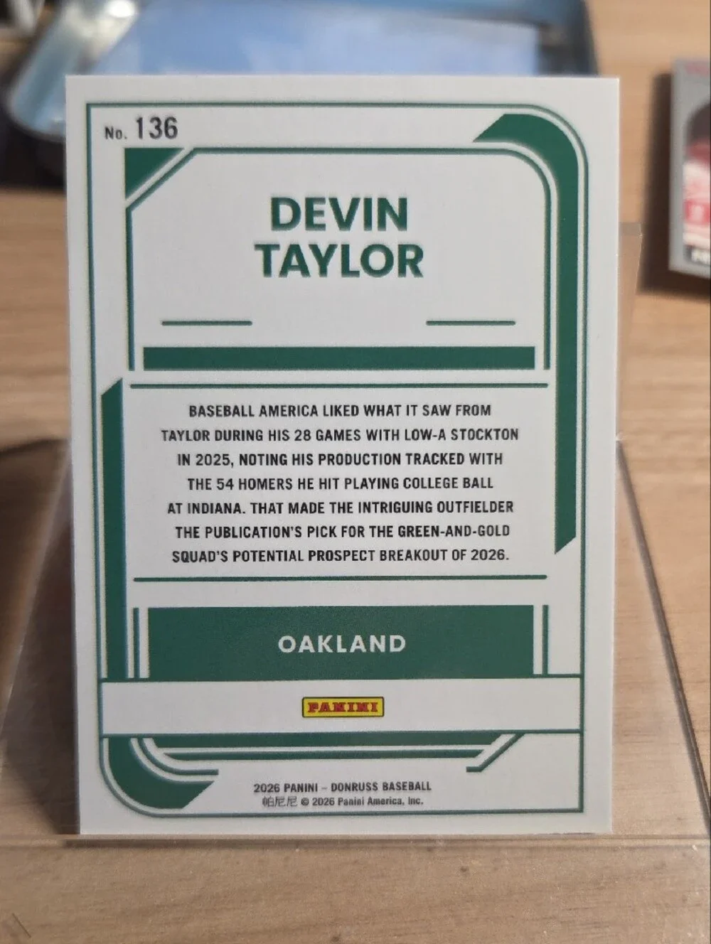 2026 Panini Donruss Optic Baseball Trading Card - Rated Prospect Devin Taylor